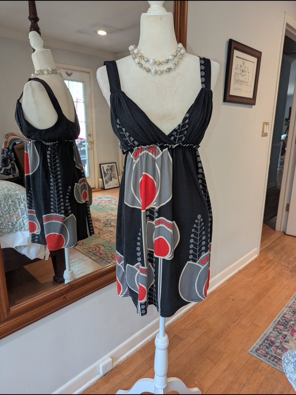 Yumi  Black Midi Dress with Red and Gray Floral Print